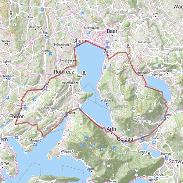 Miniatua del mapa de inspiración ciclista "Ruta de Grava por el Lago Ägeri" en Zentralschweiz, Switzerland. Generado por Tarmacs.app planificador de rutas ciclistas