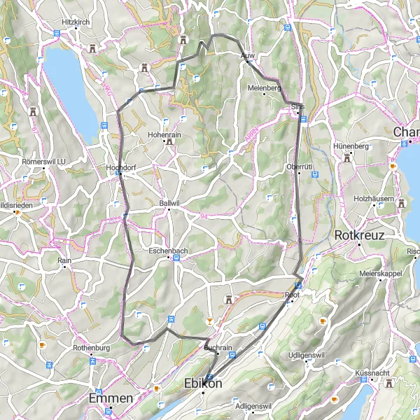 Zemljevid v pomanjšavi "Buchrain - Dietwil Road Cycling Route" kolesarske inspiracije v Zentralschweiz, Switzerland. Generirano z načrtovalcem kolesarskih poti Tarmacs.app