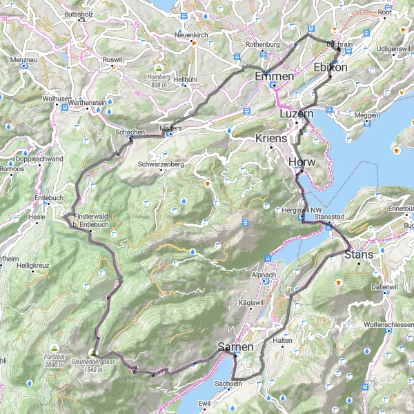 Miniaturní mapa "Road Cycling Adventure near Buchrain" inspirace pro cyklisty v oblasti Zentralschweiz, Switzerland. Vytvořeno pomocí plánovače tras Tarmacs.app