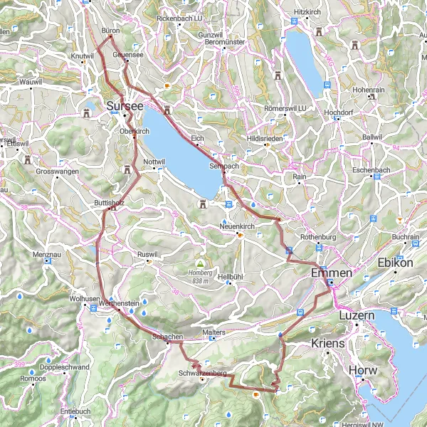 Map miniature of "Lake Sempach Gravel Loop" cycling inspiration in Zentralschweiz, Switzerland. Generated by Tarmacs.app cycling route planner