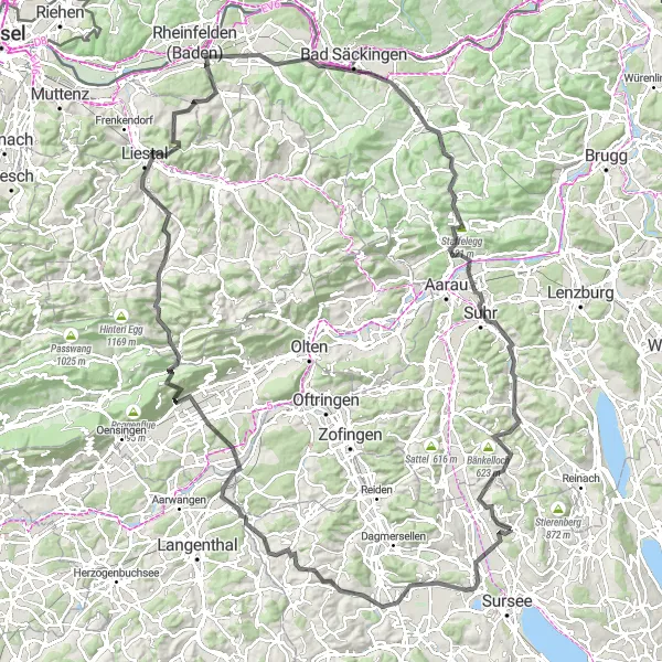 Map miniature of "Three Lakes Loop" cycling inspiration in Zentralschweiz, Switzerland. Generated by Tarmacs.app cycling route planner