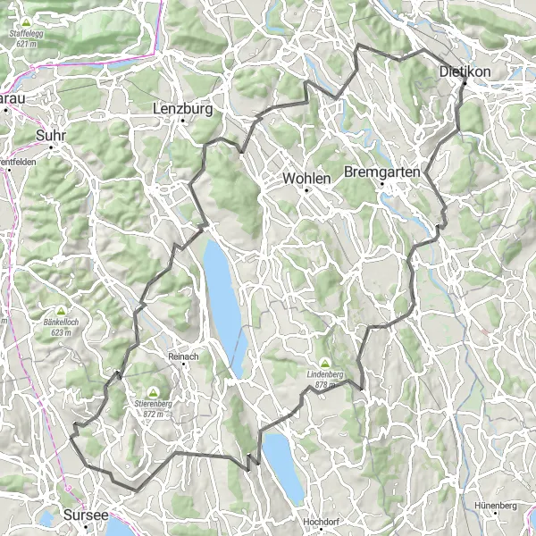 Zemljevid v pomanjšavi "Izjemno potovanje skozi osupljive vasi" kolesarske inspiracije v Zentralschweiz, Switzerland. Generirano z načrtovalcem kolesarskih poti Tarmacs.app