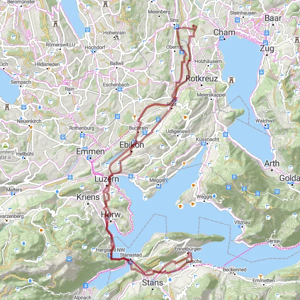 Miniature de la carte de l'inspiration cycliste "Tour de Lucerne et des Alpes suisses en Gravel" dans la Zentralschweiz, Switzerland. Générée par le planificateur d'itinéraire cycliste Tarmacs.app