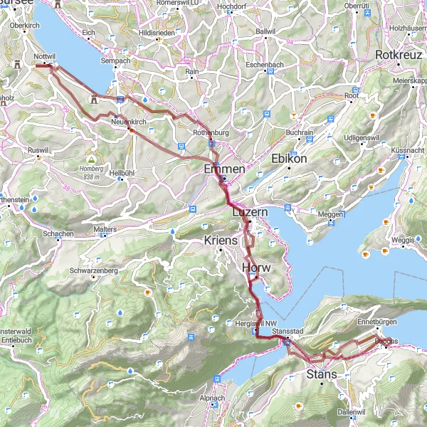 Miniatua del mapa de inspiración ciclista "Ruta en Grava desde Buochs" en Zentralschweiz, Switzerland. Generado por Tarmacs.app planificador de rutas ciclistas