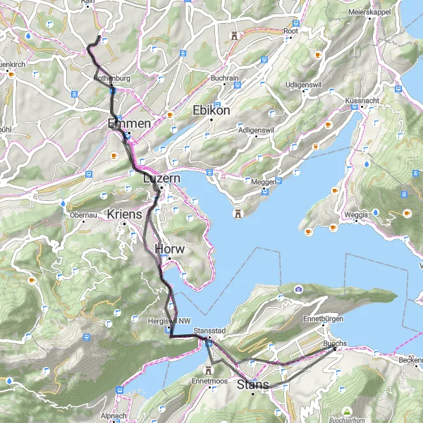 Zemljevid v pomanjšavi "Uživajte v panoramskih razgledih na kolesu po Zentralschweizu" kolesarske inspiracije v Zentralschweiz, Switzerland. Generirano z načrtovalcem kolesarskih poti Tarmacs.app