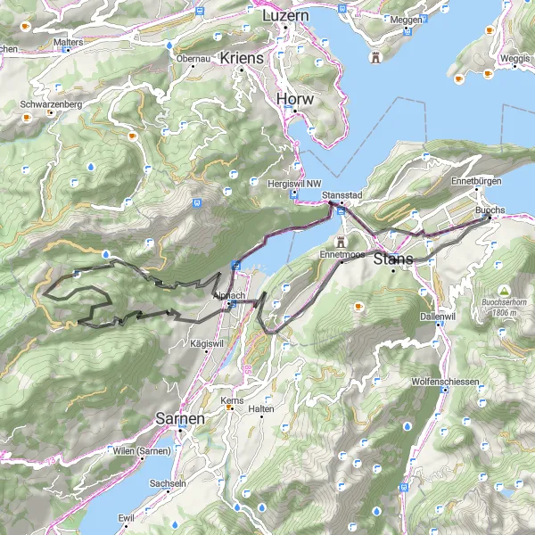 Mapa miniatúra "Cyklistická trasa Buochs - Zentralschweiz" cyklistická inšpirácia v Zentralschweiz, Switzerland. Vygenerované cyklistickým plánovačom trás Tarmacs.app