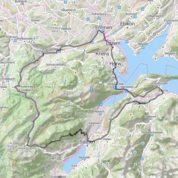 Zemljevid v pomanjšavi "Izziv z visoko zahtevnostjo v srcu Zentralschweiza" kolesarske inspiracije v Zentralschweiz, Switzerland. Generirano z načrtovalcem kolesarskih poti Tarmacs.app