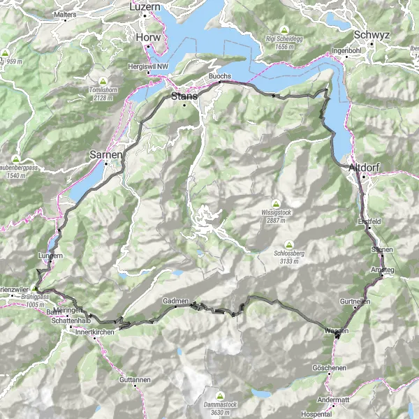 Miniatura della mappa di ispirazione al ciclismo "Un'avventura epica attraverso i passi alpini della Svizzera centrale" nella regione di Zentralschweiz, Switzerland. Generata da Tarmacs.app, pianificatore di rotte ciclistiche