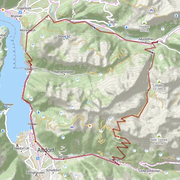 Map miniature of "Bürglen Gravel Cycling Route" cycling inspiration in Zentralschweiz, Switzerland. Generated by Tarmacs.app cycling route planner