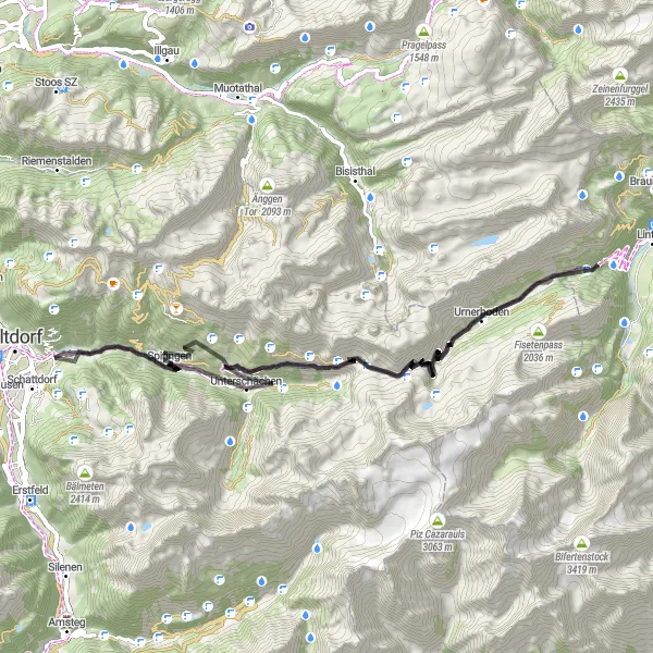 Miniatua del mapa de inspiración ciclista "Ruta del Klausenpass" en Zentralschweiz, Switzerland. Generado por Tarmacs.app planificador de rutas ciclistas