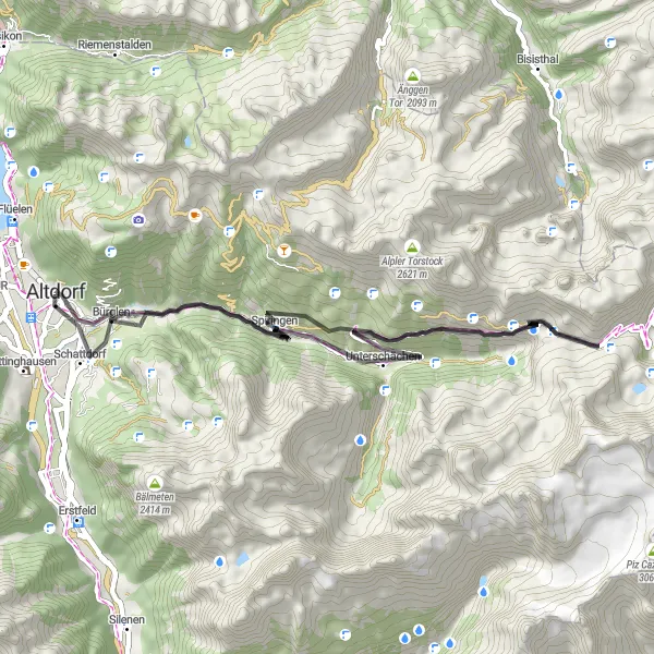 Map miniature of "Unterschächen Exploration" cycling inspiration in Zentralschweiz, Switzerland. Generated by Tarmacs.app cycling route planner