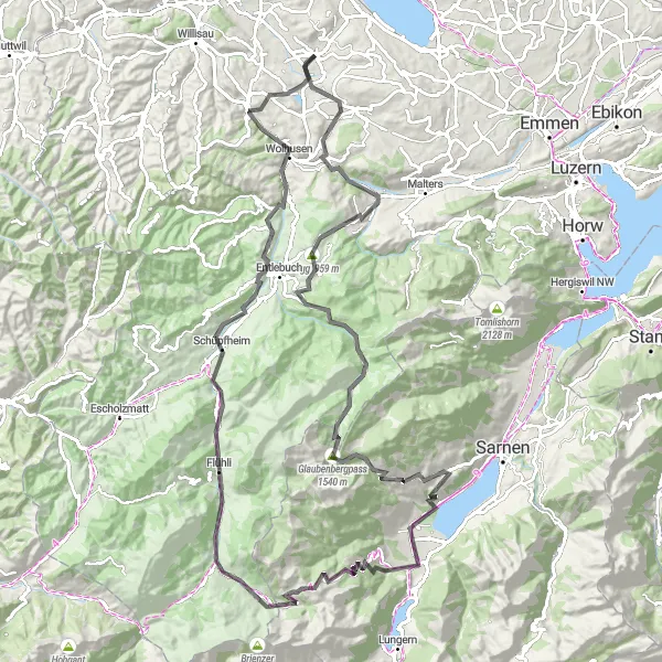 Miniatura della mappa di ispirazione al ciclismo "Avventura Stradale da Werthenstein a Menznau" nella regione di Zentralschweiz, Switzerland. Generata da Tarmacs.app, pianificatore di rotte ciclistiche