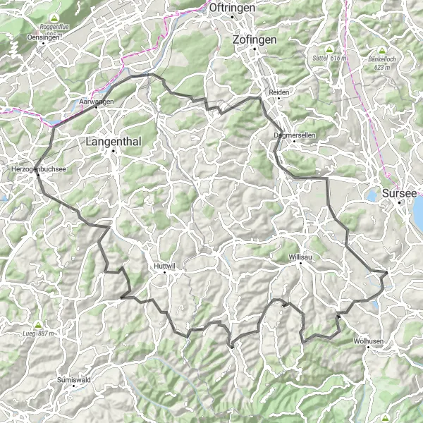 Zemljevid v pomanjšavi "Razgibana cesta skozi naravo: Hergiswil bei Willisau do Buttisholz" kolesarske inspiracije v Zentralschweiz, Switzerland. Generirano z načrtovalcem kolesarskih poti Tarmacs.app
