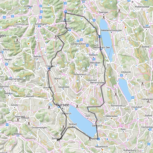 Miniatura della mappa di ispirazione al ciclismo "Triengen - Nottwil Scenic Road Ride" nella regione di Zentralschweiz, Switzerland. Generata da Tarmacs.app, pianificatore di rotte ciclistiche