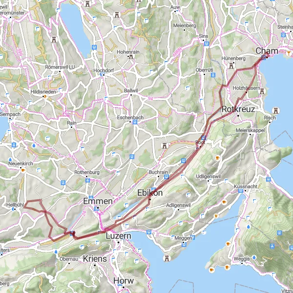 Miniatua del mapa de inspiración ciclista "Hünenberg Gravel Adventure" en Zentralschweiz, Switzerland. Generado por Tarmacs.app planificador de rutas ciclistas
