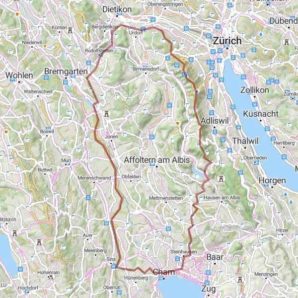 Map miniature of "Gravel Cycling Expedition in the Cham Area" cycling inspiration in Zentralschweiz, Switzerland. Generated by Tarmacs.app cycling route planner