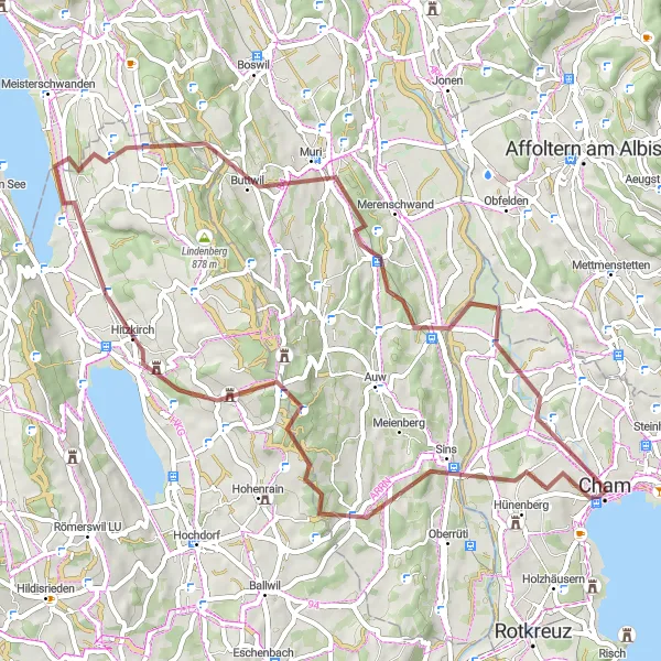 Miniaturní mapa "Gravel trasa kolem jezera Cham" inspirace pro cyklisty v oblasti Zentralschweiz, Switzerland. Vytvořeno pomocí plánovače tras Tarmacs.app