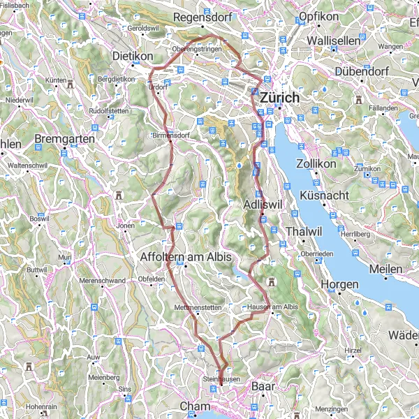 Miniatua del mapa de inspiración ciclista "Ruta en Grava por Zürich" en Zentralschweiz, Switzerland. Generado por Tarmacs.app planificador de rutas ciclistas