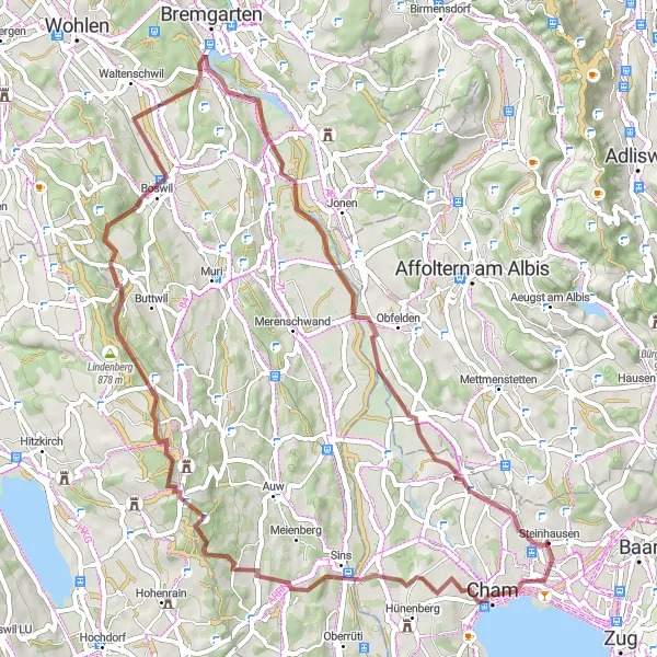 Miniatua del mapa de inspiración ciclista "Ruta de ciclismo de grava desde Cham" en Zentralschweiz, Switzerland. Generado por Tarmacs.app planificador de rutas ciclistas