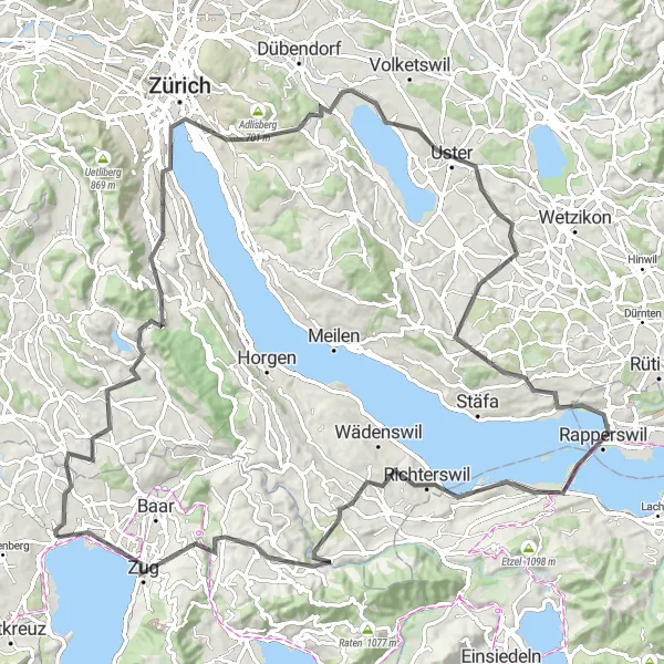 Miniatura della mappa di ispirazione al ciclismo "Giro in bicicletta da Cham a Zurigo" nella regione di Zentralschweiz, Switzerland. Generata da Tarmacs.app, pianificatore di rotte ciclistiche