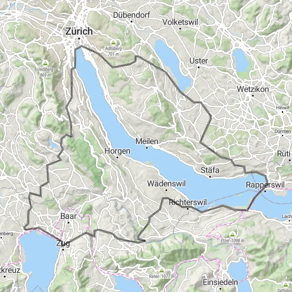 Zemljevid v pomanjšavi "Krožna kolesarska pot Hauptikon - Zug" kolesarske inspiracije v Zentralschweiz, Switzerland. Generirano z načrtovalcem kolesarskih poti Tarmacs.app