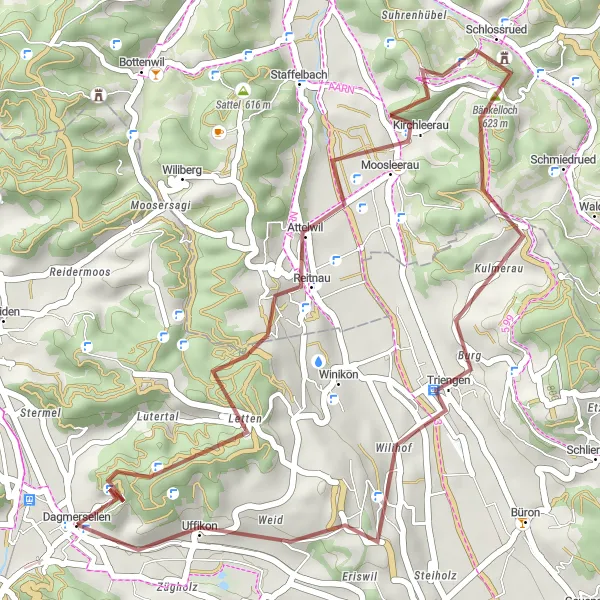 Miniaturní mapa "Gravelová cesta okolo Dagmersellenu" inspirace pro cyklisty v oblasti Zentralschweiz, Switzerland. Vytvořeno pomocí plánovače tras Tarmacs.app