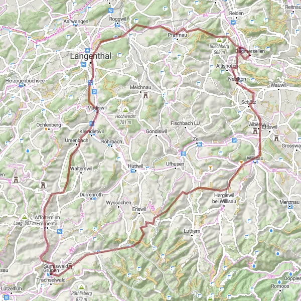 Map miniature of "The Swiss Countryside Odyssey" cycling inspiration in Zentralschweiz, Switzerland. Generated by Tarmacs.app cycling route planner