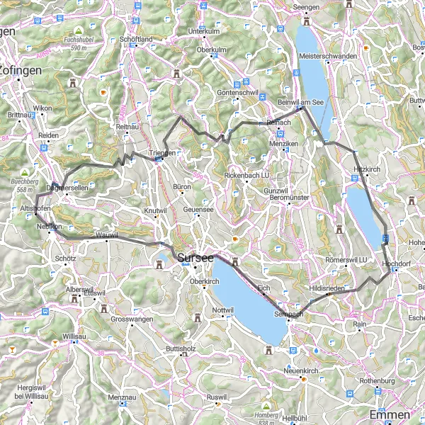 Miniaturní mapa "Okružní cyklistická trasa kolem Dagmersellenu" inspirace pro cyklisty v oblasti Zentralschweiz, Switzerland. Vytvořeno pomocí plánovače tras Tarmacs.app