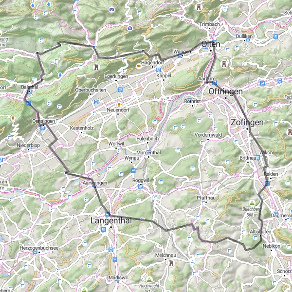 Miniatua del mapa de inspiración ciclista "Ruta en Carretera a Langental y Zofingen" en Zentralschweiz, Switzerland. Generado por Tarmacs.app planificador de rutas ciclistas