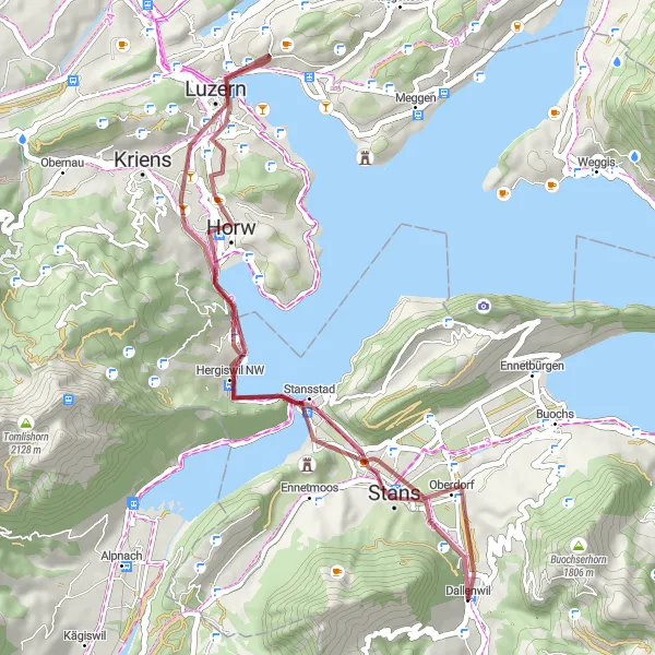 Map miniature of "Stans and Gletschergarten-Turm Gravel Route" cycling inspiration in Zentralschweiz, Switzerland. Generated by Tarmacs.app cycling route planner