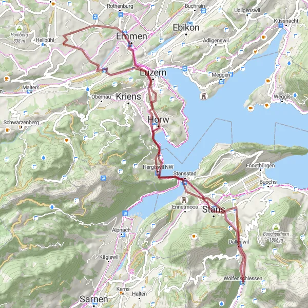 Miniatura della mappa di ispirazione al ciclismo "Gravel Tour nei pressi di Dallenwil" nella regione di Zentralschweiz, Switzerland. Generata da Tarmacs.app, pianificatore di rotte ciclistiche