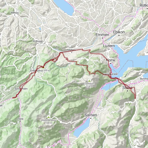Miniaturekort af cykelinspirationen "Grusvejscykelrute til Rotzberg via Schrotchnubel" i Zentralschweiz, Switzerland. Genereret af Tarmacs.app cykelruteplanlægger