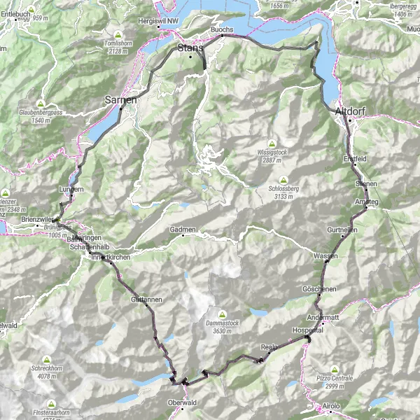 Miniaturní mapa "Horská výzva v Zentralschweizu" inspirace pro cyklisty v oblasti Zentralschweiz, Switzerland. Vytvořeno pomocí plánovače tras Tarmacs.app