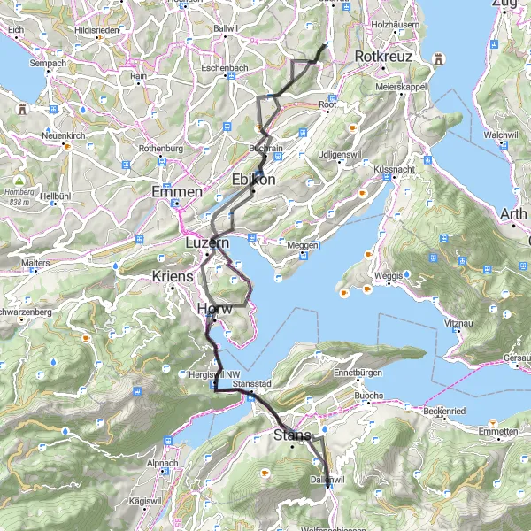 Kartminiatyr av "Fronhofen - Haslihorn - Lucerne - Gletschergarten-Turm - Dietwil - Kirchfeld - Horw - Stans" cykelinspiration i Zentralschweiz, Switzerland. Genererad av Tarmacs.app cykelruttplanerare