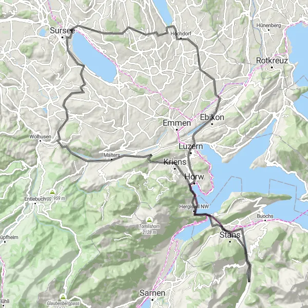 Miniaturní mapa "Epic Road Cycling Adventure" inspirace pro cyklisty v oblasti Zentralschweiz, Switzerland. Vytvořeno pomocí plánovače tras Tarmacs.app