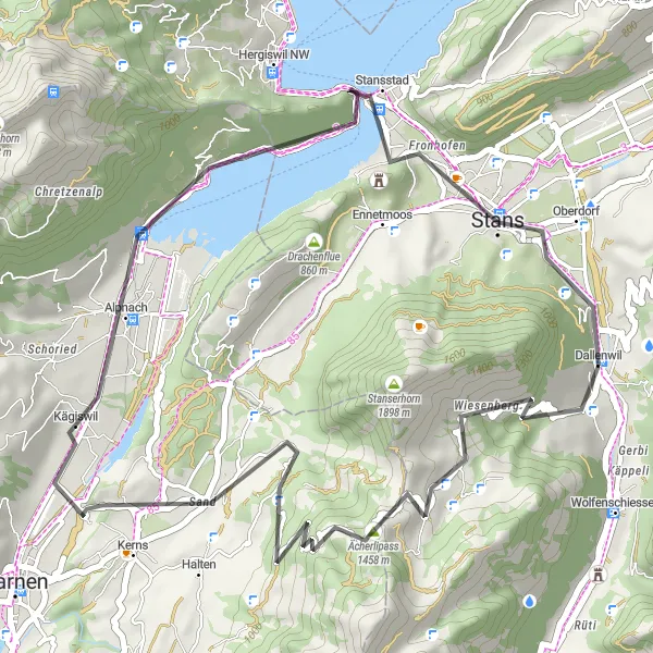 Mapa miniatúra "Cesta okolo Wirzweli" cyklistická inšpirácia v Zentralschweiz, Switzerland. Vygenerované cyklistickým plánovačom trás Tarmacs.app