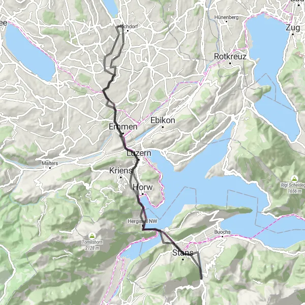 Kartminiatyr av "Pilatus Loop" sykkelinspirasjon i Zentralschweiz, Switzerland. Generert av Tarmacs.app sykkelrutoplanlegger