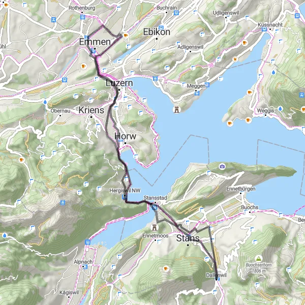 Map miniature of "The Nidwalden Loop" cycling inspiration in Zentralschweiz, Switzerland. Generated by Tarmacs.app cycling route planner