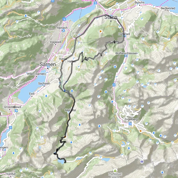Kartminiatyr av "Utmanande rutt till Stöckalp via Kerns och Melchtal" cykelinspiration i Zentralschweiz, Switzerland. Genererad av Tarmacs.app cykelruttplanerare