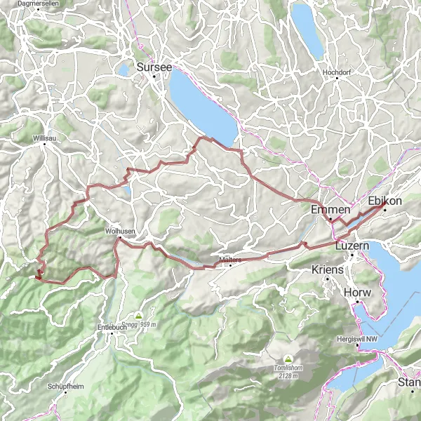 Miniatua del mapa de inspiración ciclista "Ruta de ciclismo de grava alrededor de Ebikon" en Zentralschweiz, Switzerland. Generado por Tarmacs.app planificador de rutas ciclistas
