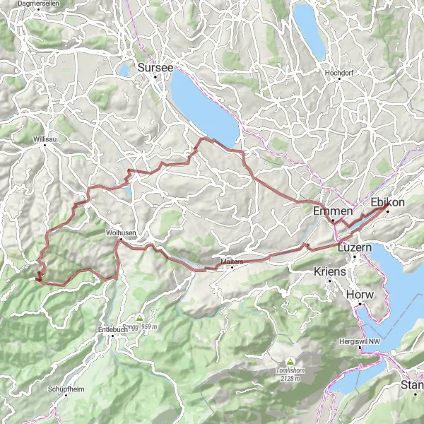 Miniatura della mappa di ispirazione al ciclismo "Tour tra Laghi e Paesaggi Rurali" nella regione di Zentralschweiz, Switzerland. Generata da Tarmacs.app, pianificatore di rotte ciclistiche