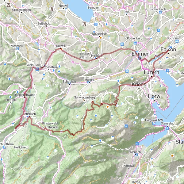 Miniatura della mappa di ispirazione al ciclismo "Giro Gravel da Ebikon a Hasle" nella regione di Zentralschweiz, Switzerland. Generata da Tarmacs.app, pianificatore di rotte ciclistiche