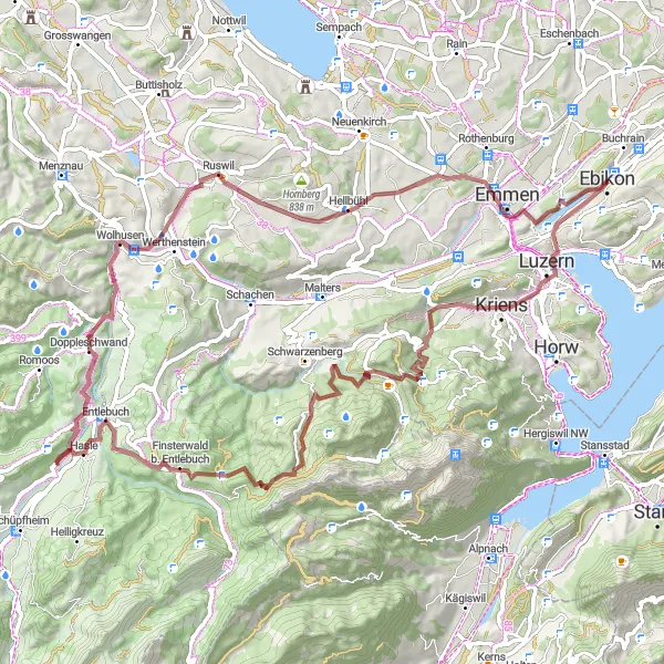 Map miniature of "Ebikon to Kapfenberg Gravel Route" cycling inspiration in Zentralschweiz, Switzerland. Generated by Tarmacs.app cycling route planner