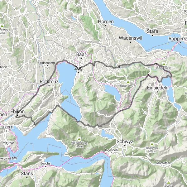 Miniatua del mapa de inspiración ciclista "Ruta circular de ciclismo de carretera desde Ebikon" en Zentralschweiz, Switzerland. Generado por Tarmacs.app planificador de rutas ciclistas