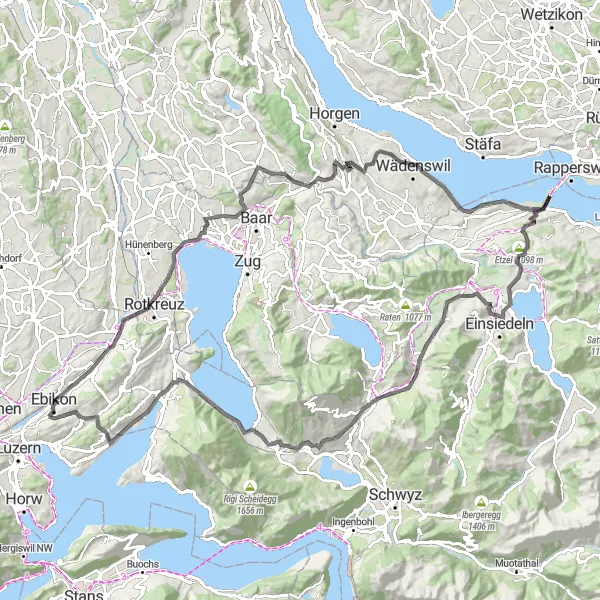 Miniatura della mappa di ispirazione al ciclismo "Tour del Lago di Zurigo e Monti del Canton Uri" nella regione di Zentralschweiz, Switzerland. Generata da Tarmacs.app, pianificatore di rotte ciclistiche