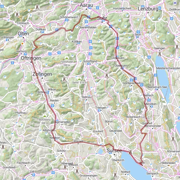 Miniature de la carte de l'inspiration cycliste "Parcours en gravel autour du lac Sempach" dans la Zentralschweiz, Switzerland. Générée par le planificateur d'itinéraire cycliste Tarmacs.app