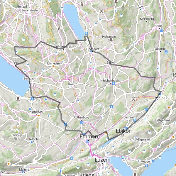 Map miniature of "Rural Roads and Lake Views" cycling inspiration in Zentralschweiz, Switzerland. Generated by Tarmacs.app cycling route planner