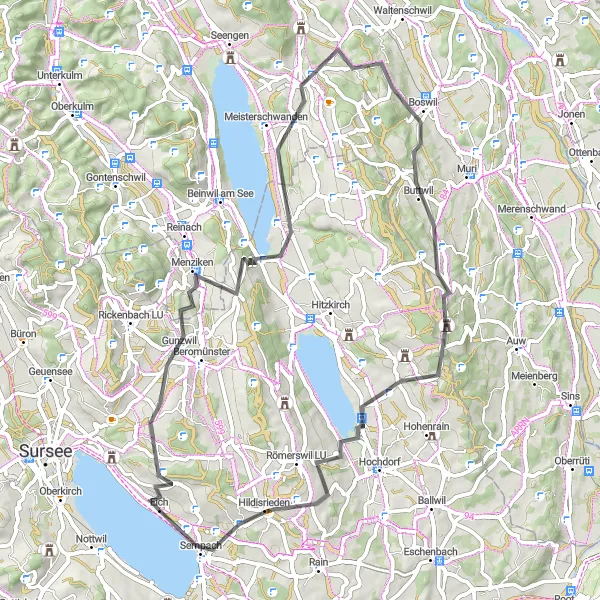 Miniatua del mapa de inspiración ciclista "Ruta de ciclismo de carretera a través de Menziken y Sempach" en Zentralschweiz, Switzerland. Generado por Tarmacs.app planificador de rutas ciclistas