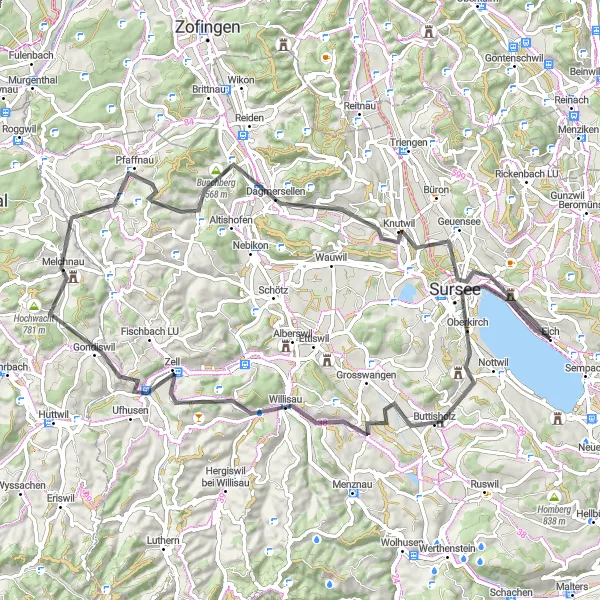 Zemljevid v pomanjšavi "Kolesarjenje okoli jezera Sempach" kolesarske inspiracije v Zentralschweiz, Switzerland. Generirano z načrtovalcem kolesarskih poti Tarmacs.app