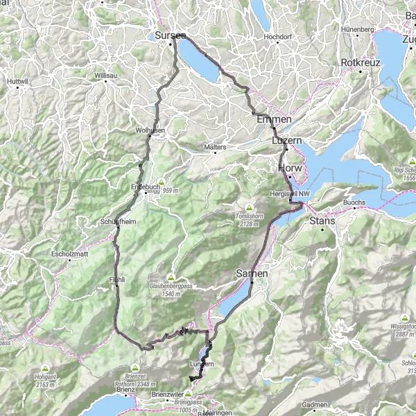 Karten-Miniaturansicht der Radinspiration "Zentralschweiz Rundfahrt auf der Straße" in Zentralschweiz, Switzerland. Erstellt vom Tarmacs.app-Routenplaner für Radtouren